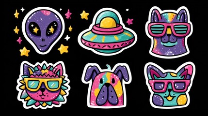 Six retro cartoon sticker set alien, spaceship, and tie-dye dogs/cats on black