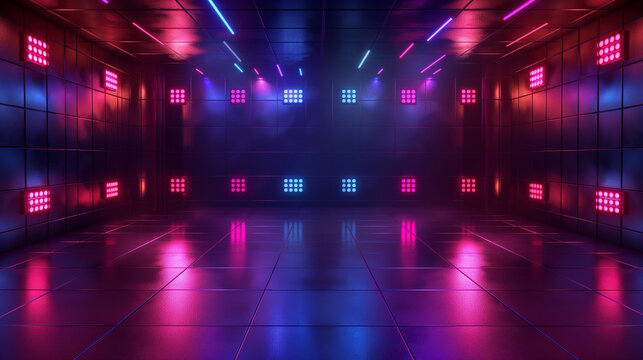 Futuristic empty dance floor with neon lights and glowing reflections. Copy space. - Powered by Adobe