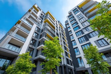 Architectural View Of Modern Apartment Buildings With Green Trees Underneath Bright Blue Sky