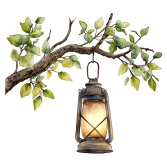 Rustic Watercolor Lantern Hanging from a Tree Branch: Cozy Autumn Clipart  © Sajana Jayathissa
