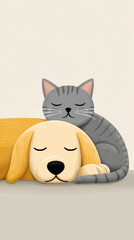 Fototapeta premium Unlikely friendships: heartwarming flat illustration of cat and dog companionship