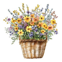 Rustic Watercolor Wildflower Basket: Hand-Painted Floral Clipart
