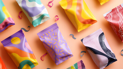 Fototapeta premium Colorful stand-up pouch packaging with abstract designs on pastel background