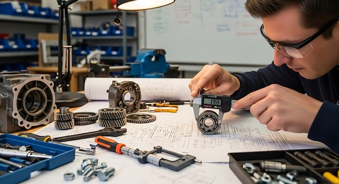 Engineer Inspecting Mechanical Part with Digital Caliper in Workshop Environment