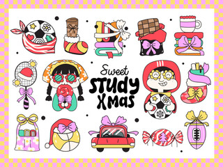 Sweet Study Xmas Collection: A whimsical assortment of festive-themed elements, blending holiday cheer with academic themes. Playful illustrations featuring gift-wrapped books.