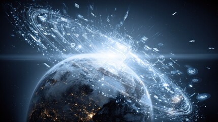 Digital artwork depicts a planet Earth enveloped by an ethereal ring of fragmented data, radiating light outwards