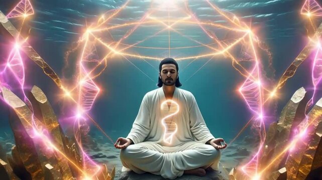 Meditating Figure Underwater with Geometric Energy Field