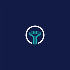 Modern abstract logo with geometric shapes forming a stylized &ldquo;Y&rdquo; or tree figure inside a white circle. Designed in blue tones, this minimalist emblem represents growth, unity, and innovation, ideal f