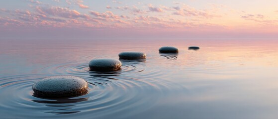 Peaceful stones on tranquil water at sunset