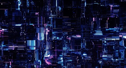 Abstract Digital Grid with Neon Blue and Purple Lights.