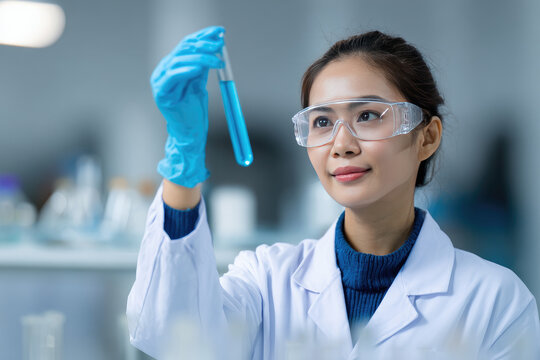 Asian women scientist with test tube making research in clinical laboratory.Science, chemistry, technology, biology and people concept