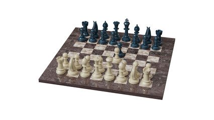 Chess pieces on the board in the starting position. Isolated. Transparent background. 3D Rendering.

