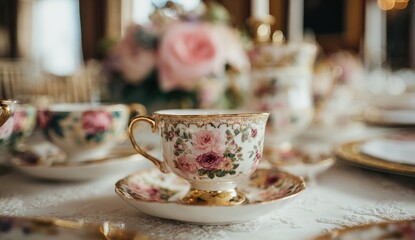 Elegant teacup and saucer, floral design, on a table with a blurred background of roses