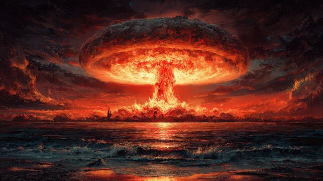 Fiery Explosion Over Ocean With Smoke and Debris Under Dramatic Dark Sky with Reflective Water Surface