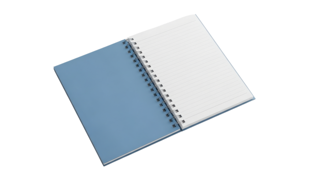 Blank open spiral notebook with light blue cover for office and school supply designs. isolated PNG with Transparent Background