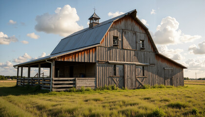Obraz premium Rustic wooden barn in a green field under a blue sky with clouds 