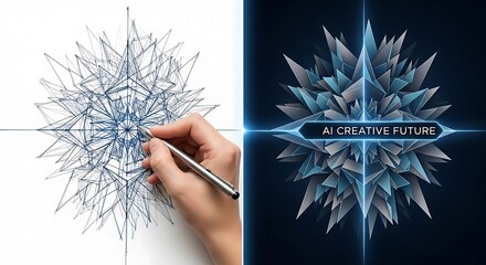 Intricate geometric design evolving from hand-drawn sketch to digital art with AI concept