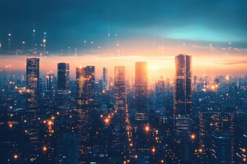 Fototapeta premium A stunning skyline with skyscrapers sparkles at sunset, reflecting the vibrant city life