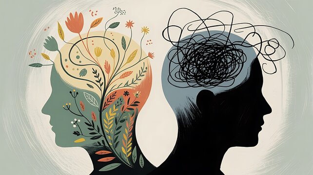 Illustration of two profiles facing away from each other one with a flourishing plant and flowers the other with tangled lines representing a troubled mind