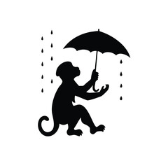 Monkey holding an umbrella in the rain looking cheerful and cute Vector illustration