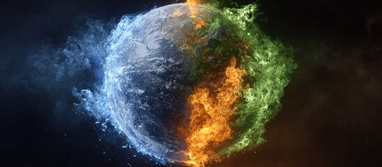 A planet split, with a cool blue half and a fiery orange half, enveloped by swirling energy