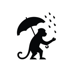 Monkey holding an umbrella standing happily under soft rainfall Vector illustration