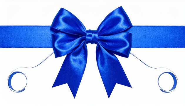 Elegant Blue Satin Ribbon Bow with Curly Ends on White Background