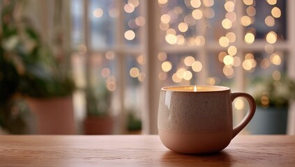Fototapeta premium Soft-lit candle in a ceramic mug on a wooden table, with out-of-focus plants and window lights