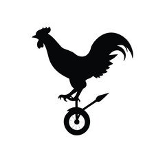 Cheerful rooster balancing on a unicycle with playful energetic movement Vector illustration