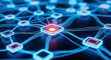 Network connections illustrating data flow in a digital system with glowing squares and lines