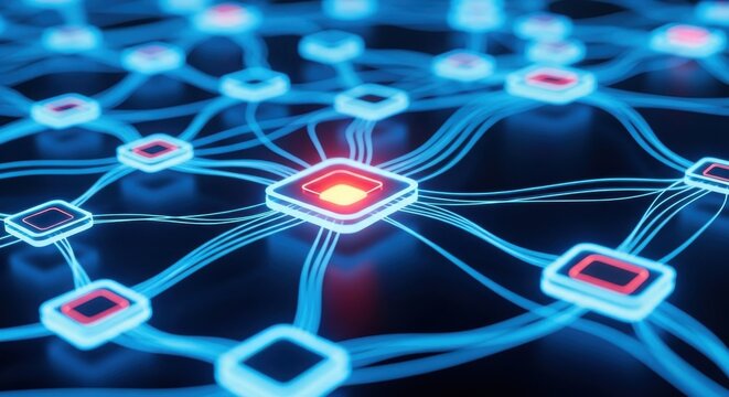 Network connections illustrating data flow in a digital system with glowing squares and lines - Powered by Adobe