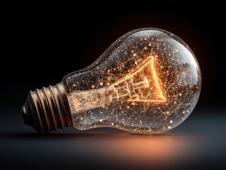 Abstract Light Bulb Network, Interconnected Luminous Lines, Glowing Triangular Filament, Dark Reflective Surface, Concept of Connectivity and Ideas