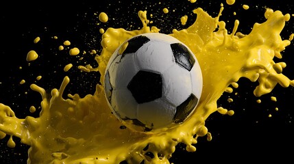 A classic soccer ball amidst an electric yellow splash on a bold black background made with Ai 1