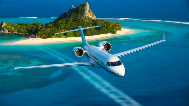 A high-angle aerial photograph of a white private jet flying over a tropical paradise