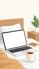 Fototapeta premium Business travel workspace with laptop and coffee in hotel room, minimalist style