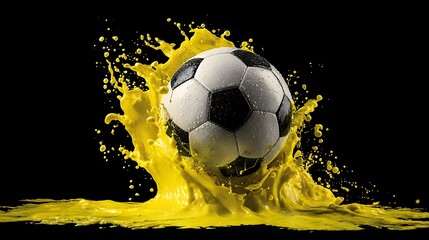 A classic soccer ball amidst an electric yellow splash on a bold black background made with Ai 2