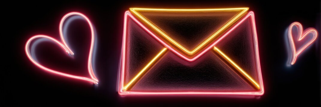Neon envelope surrounded by glowing hearts shines in a dark setting, adding a lively and cheerful touch to any casual communication scene.