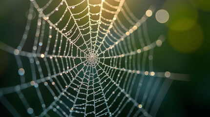 A spiderweb covered in dew with a blurred green background. 
