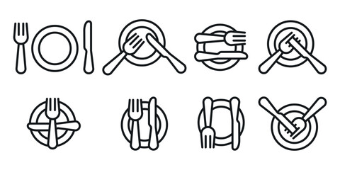 Sign language with cutlery. Plate, fork, knife, spoon icon set. Eating rules symbols. Cutlery etiquette. Cutlery signs. © Hannet