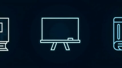 A collection of glowing neon line icons representing education, school, and knowledge, featuring a book, a classroom chalkboard, and a scroll - Powered by Adobe