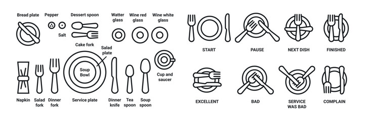 Sign language with cutlery and table settings. Plate, fork, knife, spoon icon set. Eating rules symbols. Cutlery etiquette. Cutlery signs.