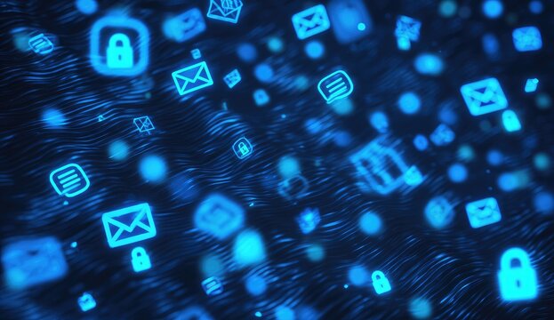 Abstract digital graphic of swirling communication and security icons