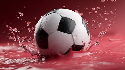 Fototapeta premium A classic soccer ball with black and white panels, splashing through a vibrant red liquid on a soft dynamic droplets mid-air made with Ai 1