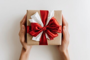 Hands holding a beautifully wrapped gift box with a large red and white satin ribbon bow for a special occasion