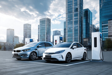 Charging modern electric cars (new energy vehicles, NEV) on the street station