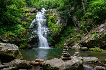 Fototapeta premium Cascading Waterfall Surrounded By Lush Greenery and Stacked Stones in a Serene Natural Environment
