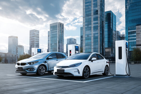 
Charging modern electric cars (new energy vehicles, NEV) on the street station