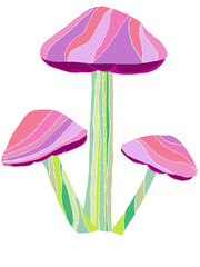 Whimsical oilpaint illustration of three mushrooms with vibrant pink, purple, green tones, and perfect with glitter lines
