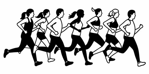 Run, running men and women, group of isolated vector silhouettes. Track and field athletes.Run, set of running people, isolated vector silhouettes