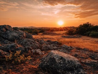 Dramatic sunset rural landscape rocky terrain vibrant sky golden hour scenic view